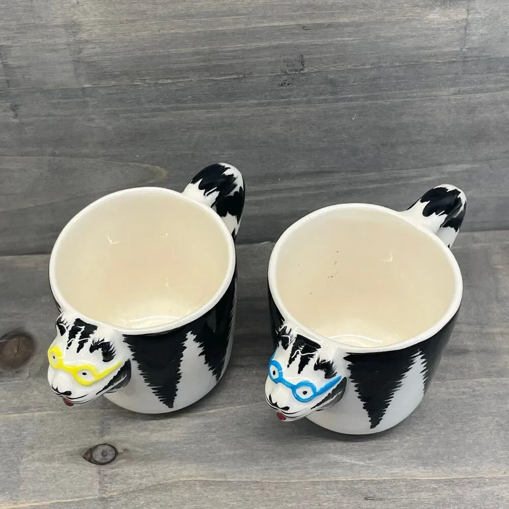 Vintage Tom Hatton Signed Ceramic Striped Cat Teacups Saucer Set 1985 Espresso